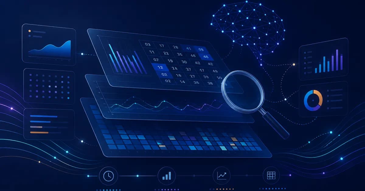 Historical chart grids, analytics panels and AI-assisted data search illustration