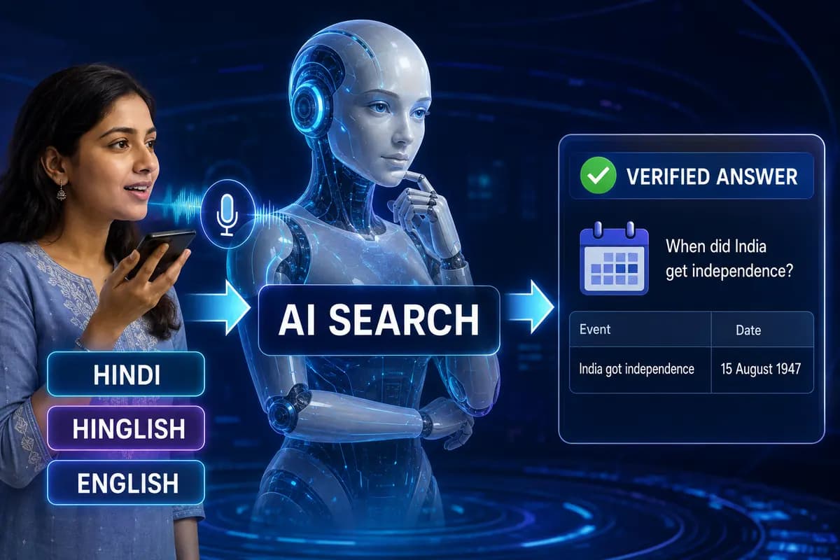 Female user Hindi Hinglish और English सवाल से humanoid AI analyst द्वारा verified historical answer पाते हुए