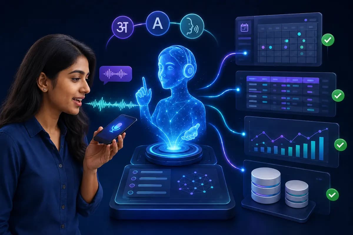 Female user Hindi Hinglish और English voice AI search से chart और historical data खोलते हुए
