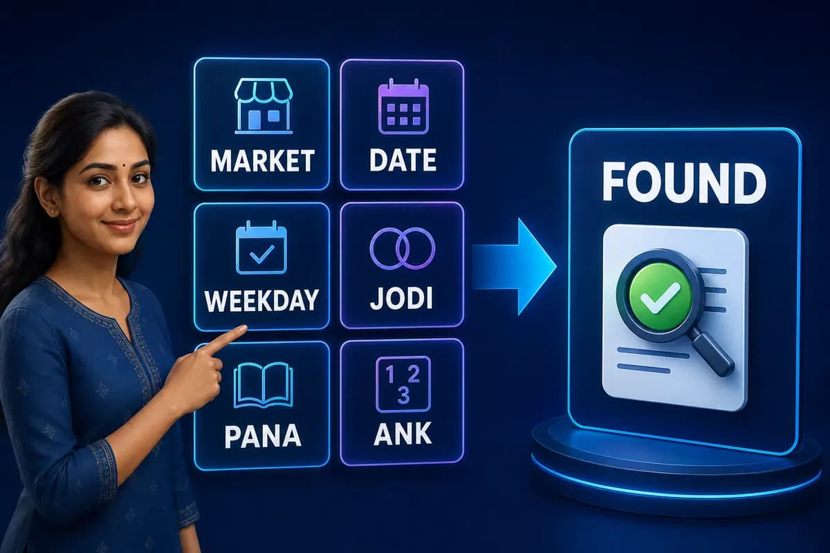 Female user Market, Date, Weekday, Jodi, Pana और Ank filters से historical result खोजते हुए